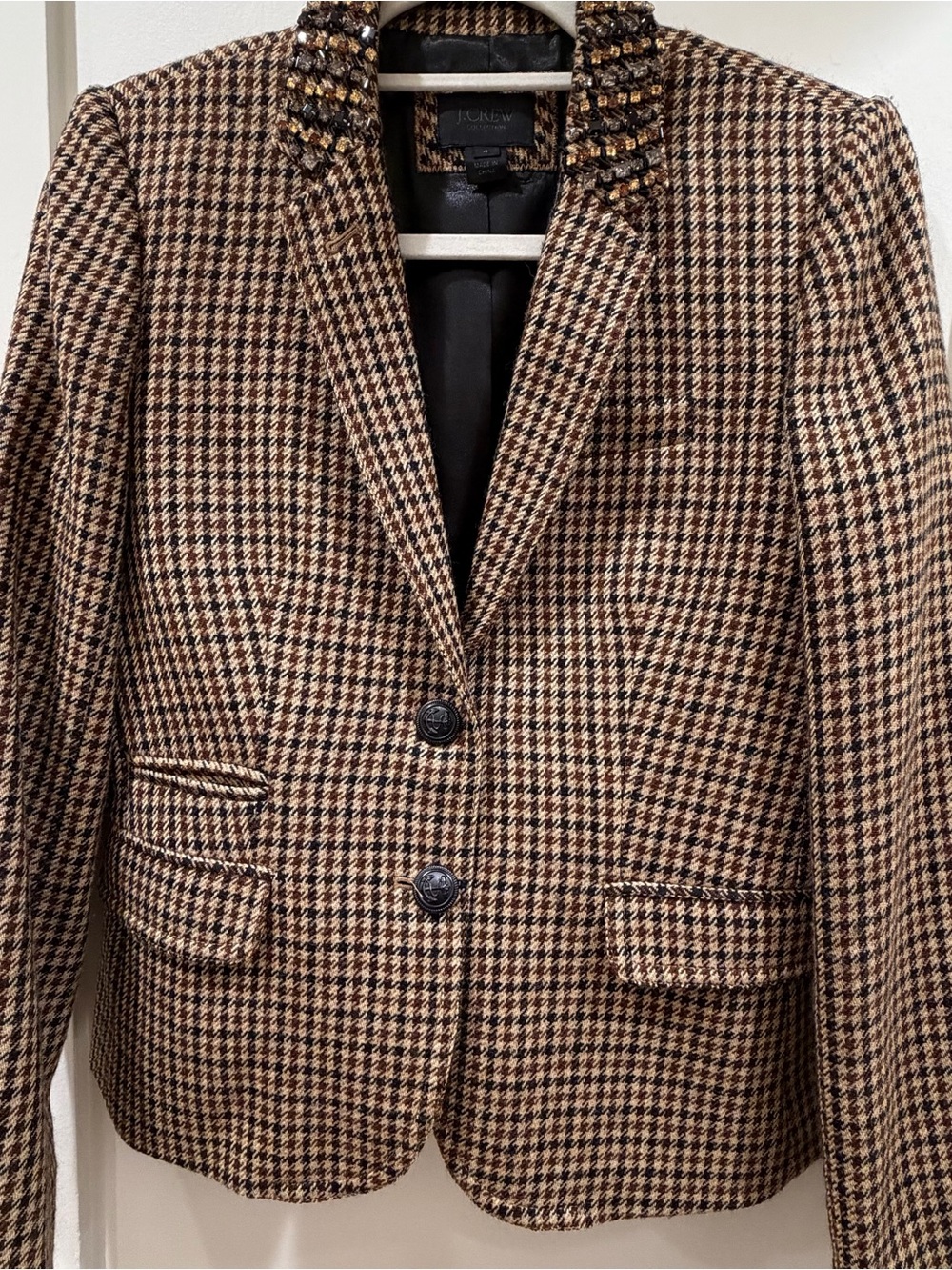 J. Crew Brown and Black Houndstooth Blazer with Embellished Collar